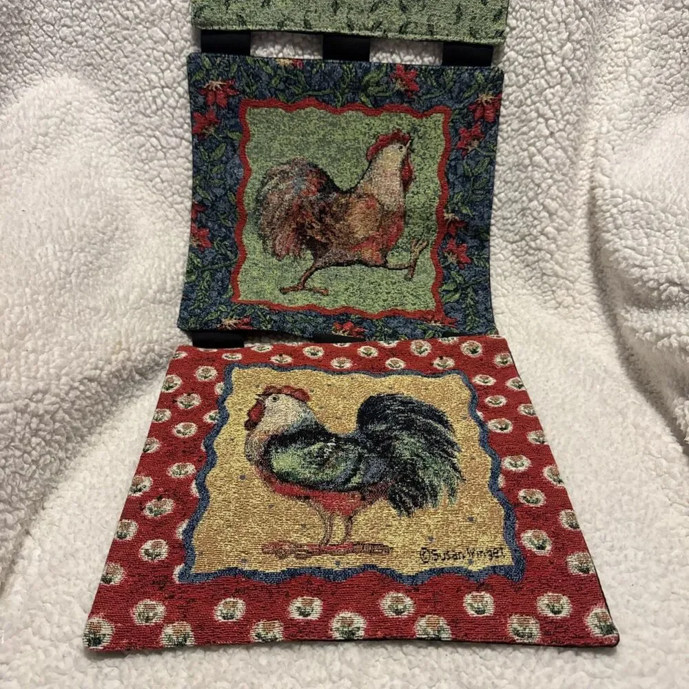 Vintage Susan Winget Rooster Tapestry Wall Hanging & Table Runner Set Sunflowers